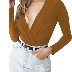 LINMOM WOMENS LONG SLEEVE BODYSUIT SURPLICE RUCHED PLUNGE V NECK